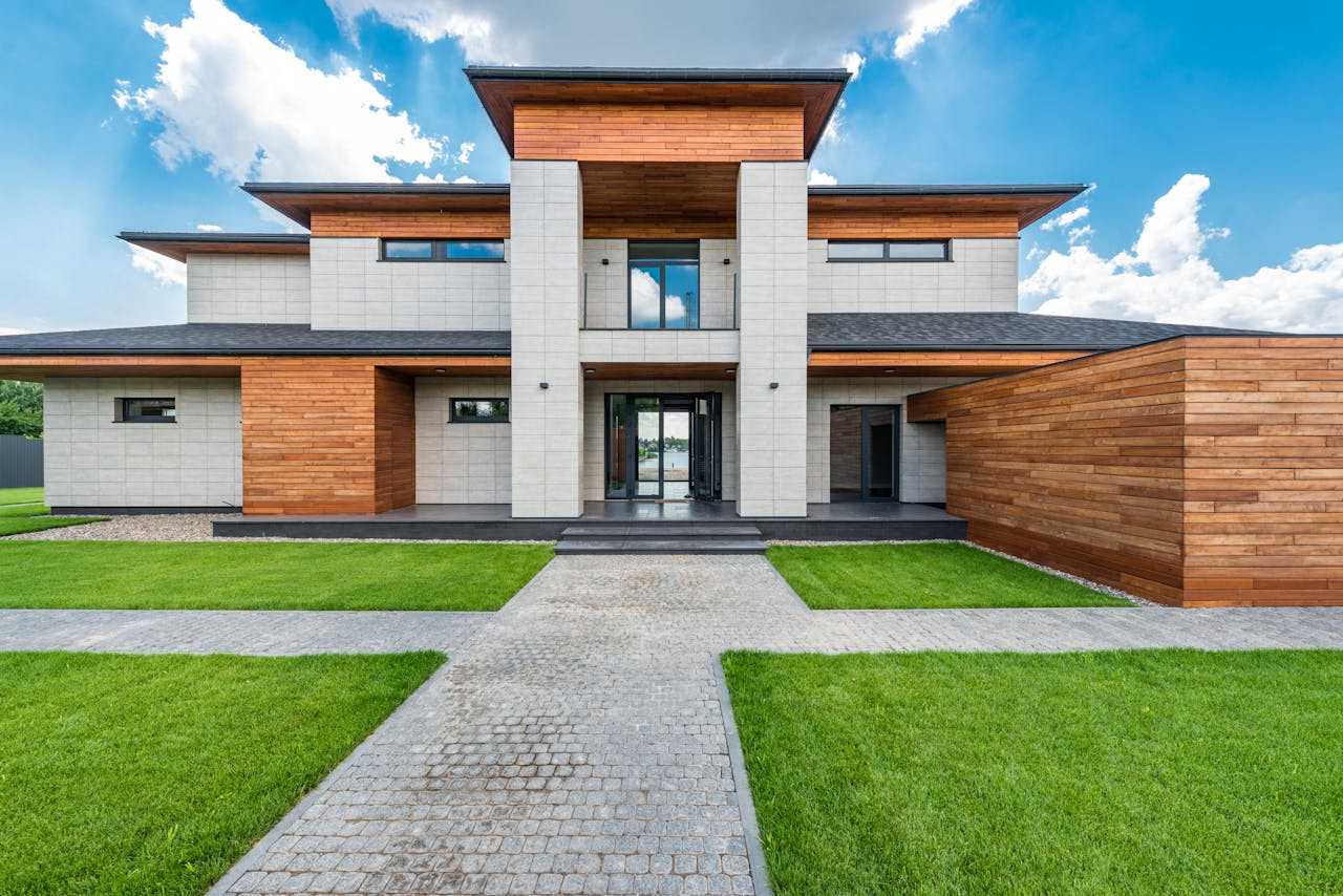 Contemporary villa against cloudy blue sky